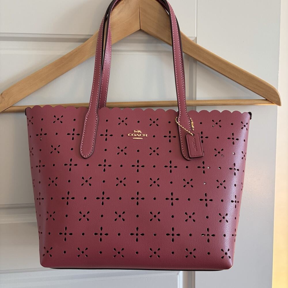COACH CA199 Floral Laser Cut Mini City Tote Rouge Pink Leather Handbag Purse